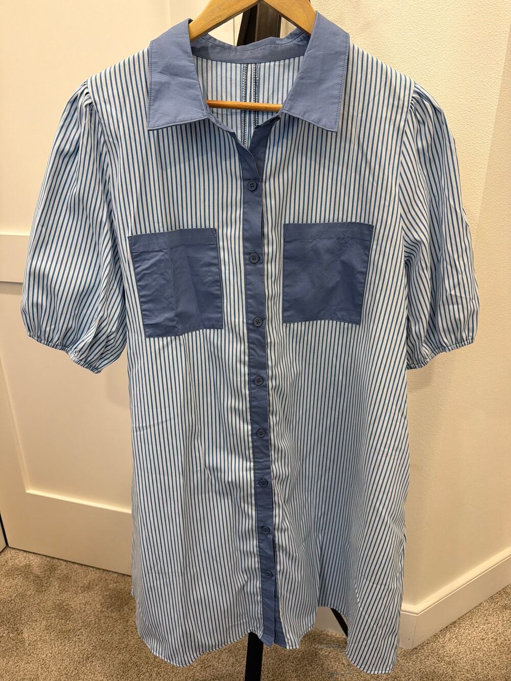 NWOT Sky Blue Stripe Color Block Pockets Mini Dress Large